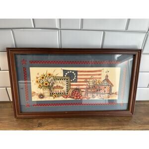 Home Interiors Framed Americana Farmhouse Art Apples Flag Rustic Country Decor